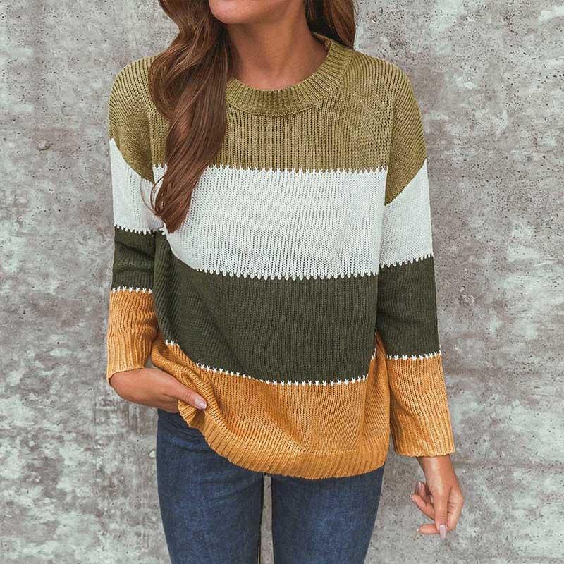 Patchwork Long Sleeve Pullovers Female O-neck Knit Top