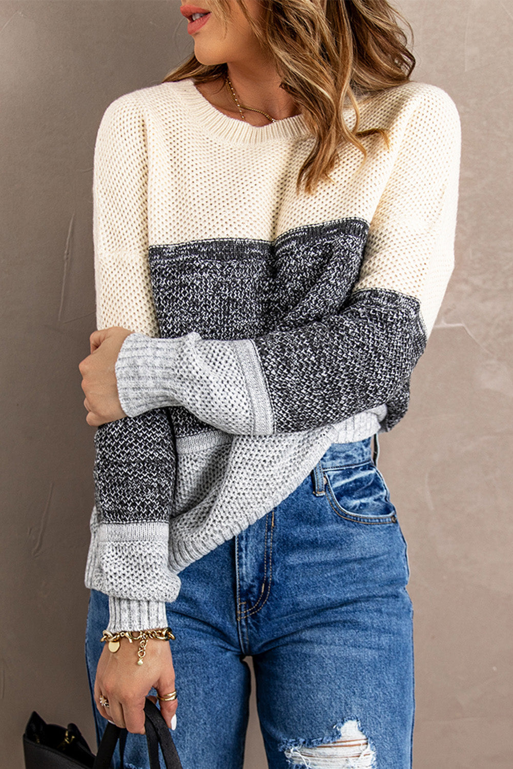 Winter Gray Color Block Netted Texture Pullover Sweater