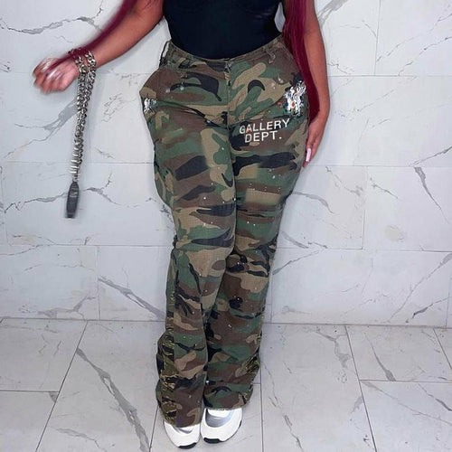 Camouflage Pocket Overalls Flared Slim Trousers