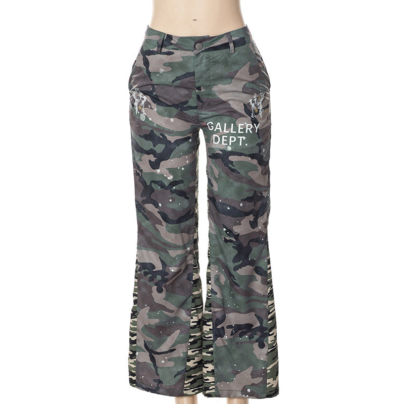 Camouflage Pocket Overalls Flared Slim Trousers