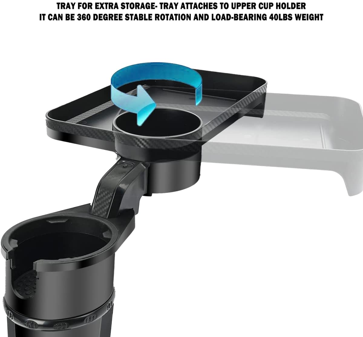 Car Cup Holder with Attachable Tray 360° Swivel