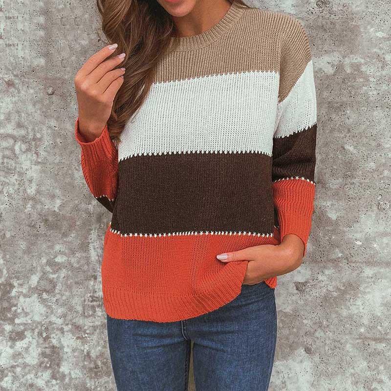 Patchwork Long Sleeve Pullovers Female O-neck Knit Top