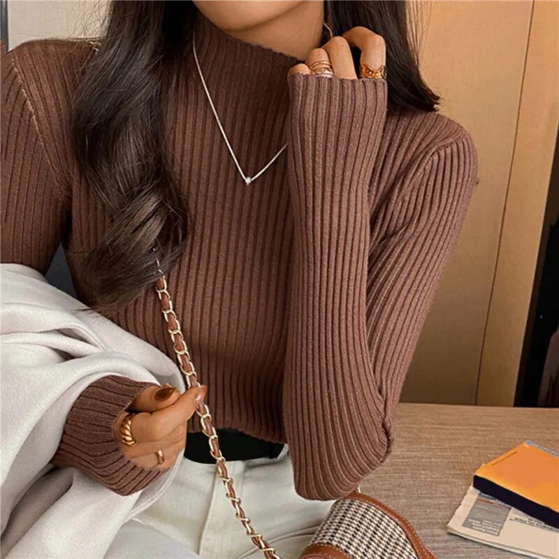 Women Mockneck Sweater Winter Long Sleeve Knitted Bottoming Solid