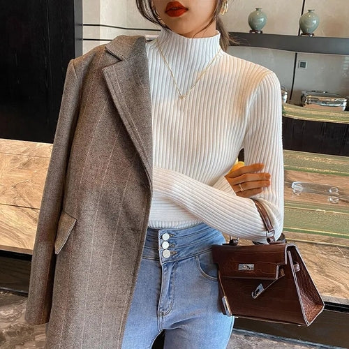 Women Mockneck Sweater Winter Long Sleeve Knitted Bottoming Solid