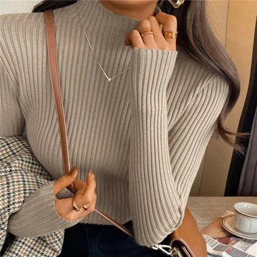 Women Mockneck Sweater Winter Long Sleeve Knitted Bottoming Solid